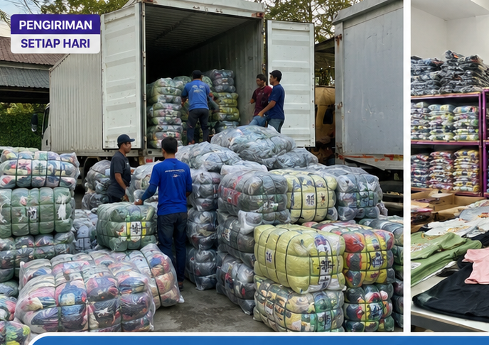 Proses pengiriman grosir baju anak dimuat ke truk ekspedisi setiap hari